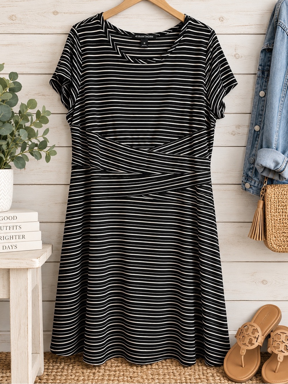 41 Hawthorn Black and White Striped Midi Dress with Crossover Waist